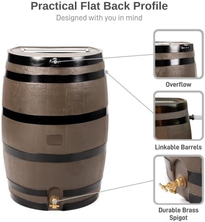 RTS Home Accents 50-Gallon Rain Barrel, Flat Back Rain Water Collection Barrel, Stand and Link Kit Included, Woodgrain with Black Stripes (2 Pack)