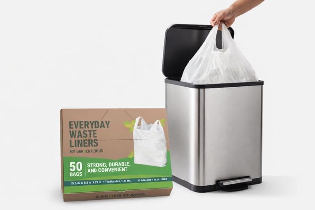 Biodegradable 13 Gallon White Kitchen Trash Bags with Ergonomic Handles (50 Pack) - Extra Strong, Leak-Proof & Thick 1.18 Mil - 15% Thicker Than Most - Fits Standard 13 Gal Cans - Eco-Friendly D2W