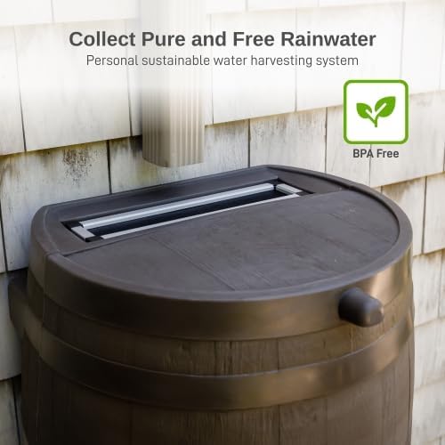 RTS Home Accents 50-Gallon Dual Spigot Rain Barrel, Flat Back Rain Water Collection Barrel, Stand Included, Walnut Color
