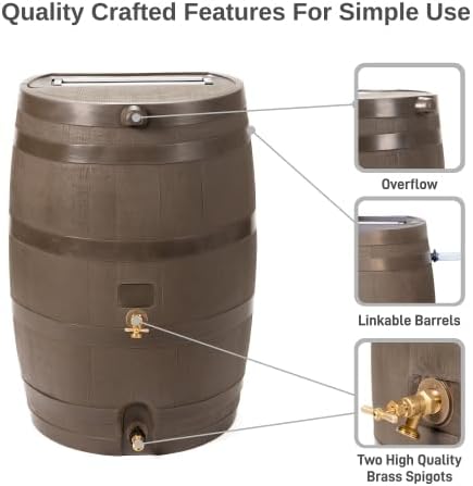 RTS Home Accents 50-Gallon Dual Spigot Rain Barrel, Flat Back Rain Water Collection Barrel, Stand Included, Walnut Color