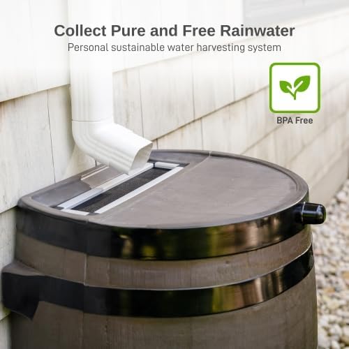 RTS Home Accents 50-Gallon Dual Spigot Rain Barrel, Flat Back Rain Water Collection Barrel, Stand Included, Woodgrain with Black Stripes