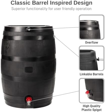 RTS Home Accents 50-Gallon ECO Rain Barrel Made with 100% Recycled Plastic, Flat Back Rain Water Collection Barrel, Stand and Link Kit Included, Black (2 Pack)