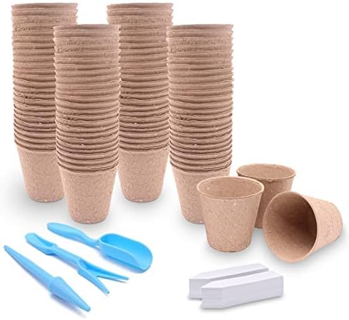 3T GROUP 100 Pack 3.15 Inch Disposable Mini Pots for Plant,Small Compostable Planting Pots,Biodegradable Flower Pots for Vegetables,Fruit with 100 Labels,Tool (100pcs)