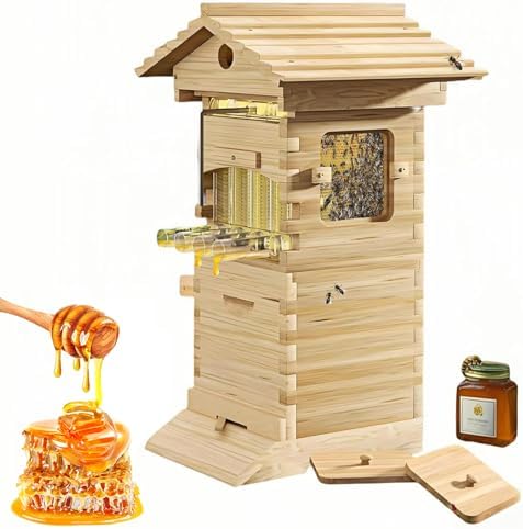 Beehive Starter Kit, Bee Hive,with Observation Window & Honey Spout, Includes Carpenter Bee House, for Garden Pollinators