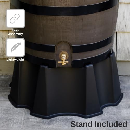 RTS Home Accents 50-Gallon Rain Barrel, Flat Back Rain Water Collection Barrel, Stand and Link Kit Included, Woodgrain with Black Stripes (2 Pack)