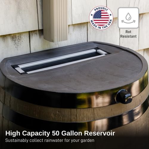 RTS Home Accents 50-Gallon Rain Barrel, Flat Back Rain Water Collection Barrel, Stand Included, Woodgrain with Black Stripes