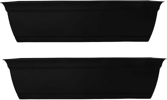 The HC Companies 24 Inch Eclipse Window Planter Box with Drainage Holes & Attached Saucer, Lightweight UV-Resistant Plastic Indoor & Outdoor Planters, 2-Pack Flower Box for Garden & Home Decor, Black