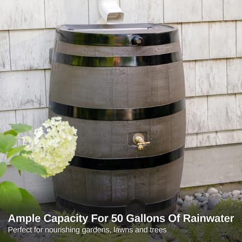 RTS Home Accents 50-Gallon Dual Spigot Rain Barrel, Flat Back Rain Water Collection Barrel, Stand Included, Woodgrain with Black Stripes