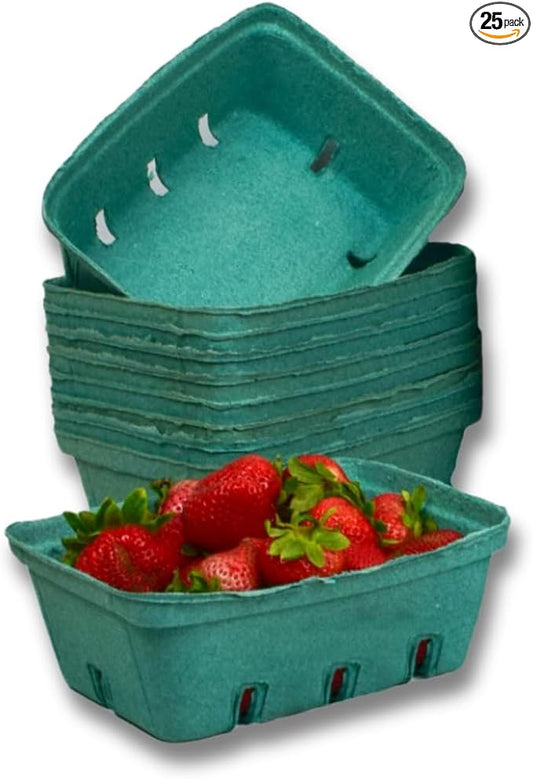 25 Pack Green Molded Pulp Fiber Berry/Produce 1.5 Quart Basket - Large Berry Basket