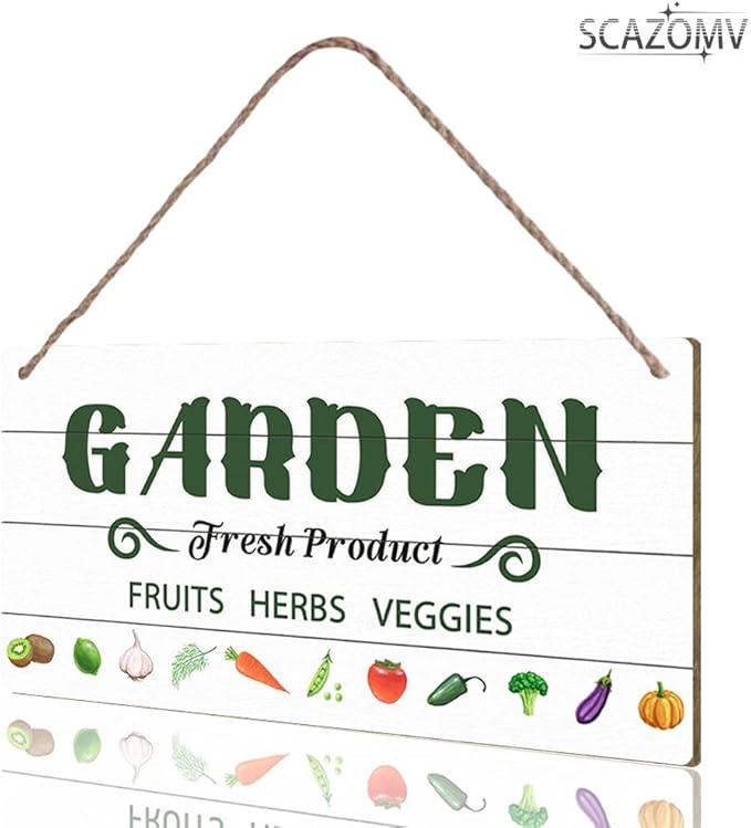 SCAZOMV Garden Sign Decor Garden Fresh Product Fruits Herbs Veggies Funny Outdoor Decorative Backyard Patio Farmhouse Potting Shed She Shed Personalized Wooden Hanging Plaque 5"X 10"