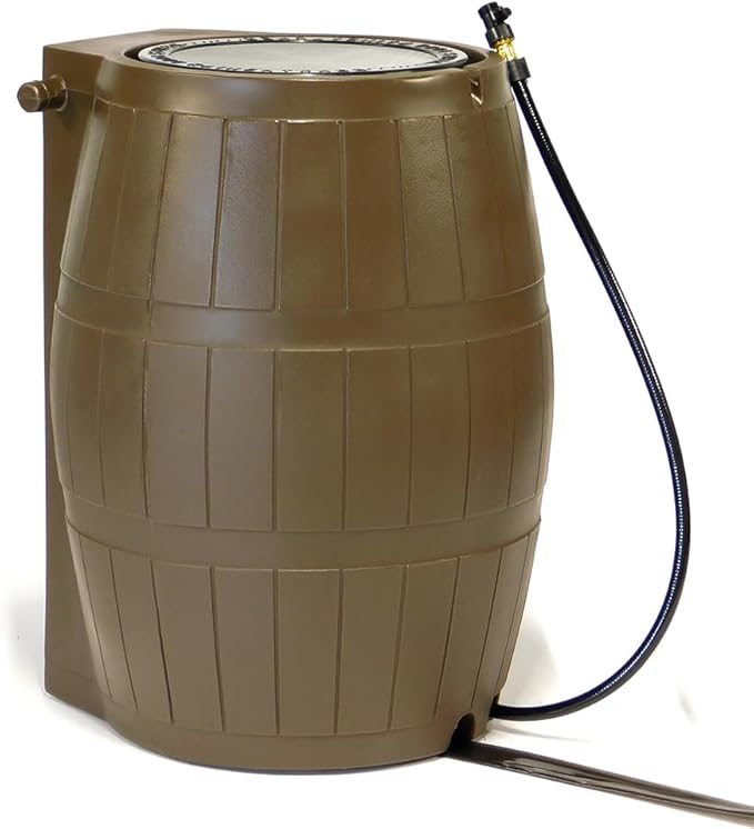 FCMP Outdoor Raincatcher 4000 Rain Barrel, Flat-Back Rainwater Catcher with Spigots, 50 Gallon, Brown - Portable Water Storage Container Tank for Home, Garden, and Backyard