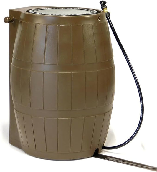 FCMP Outdoor Raincatcher 4000 Rain Barrel, Flat-Back Rainwater Catcher with Spigots, 50 Gallon, Brown - Portable Water Storage Container Tank for Home, Garden, and Backyard