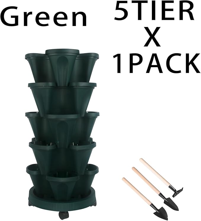 GameXcel Vertical Planter 5 Tier Stackable Planters Garden Planters Strawberry Herb Flower and Vegetable Planter Indoor Outdoor Gardening Pots with Removable Wheels and Tools - Green