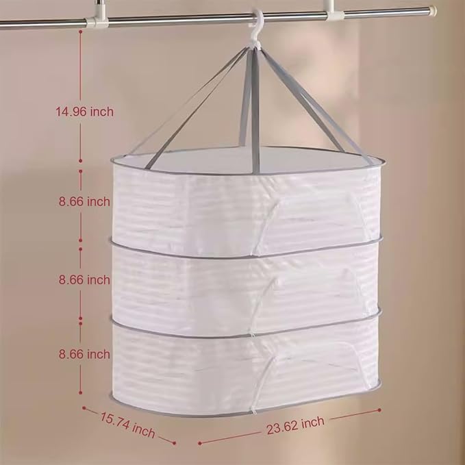 Herb Drying Rack, 3 Layer Hanging Mesh Net Herb Dryer with Foldable Mesh Net for Herbs, Fruits Vegetables Plants