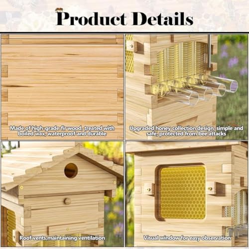Beehive Starter Kit with Observation Window - Clete Wooden Beekeeping Box, Self-Flowing Honey System, Includes 4 Frames & 6 Honeycomb Trays for Garden Pollinators