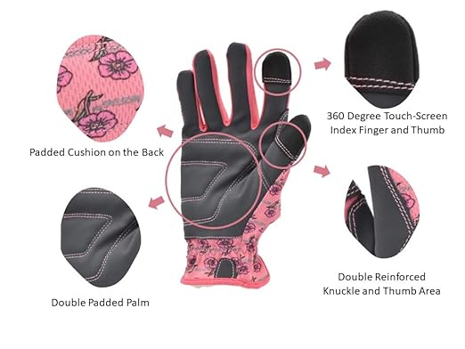 G & F Products Women Gardening Gloves with Touchscreen Feature, Durable, Breathable, Flexible, Lightweight, Double-Padded, Reinforced Fingers, Stylish Flower Patterns, 3-Pair Assorted Colors Pack