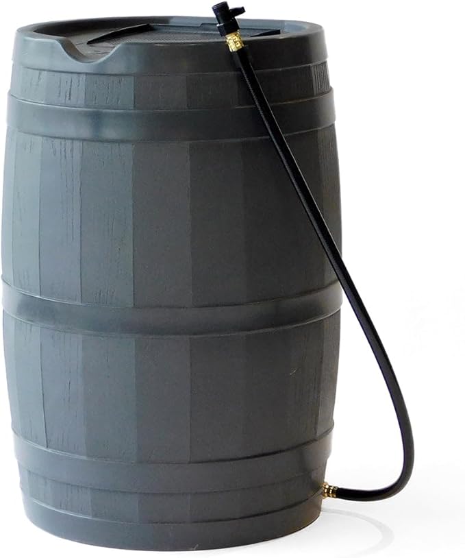 FCMP Outdoor 45 Gallon Heavy Duty Rain Water Catcher Barrel Container with Hose and Debris Screen for Outdoor Plants, Garden, and Landscapes (RC45-GRY) Grey