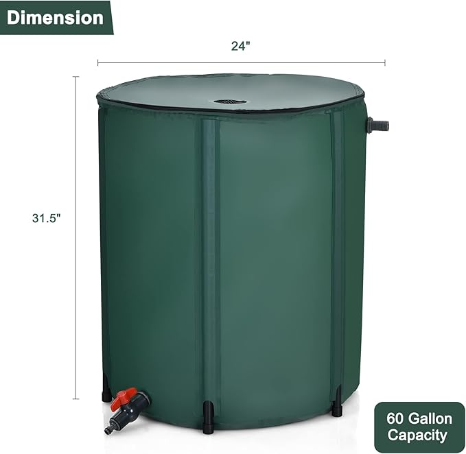 Happygrill 60 Gallon Collapsible Rain Barrel, PVC Rain Water Collection Barrel with Spigot Water Storage Container & Top Mesh, Portable Rain Barrels to Collect Rainwater from Gutter for Garden Lawn