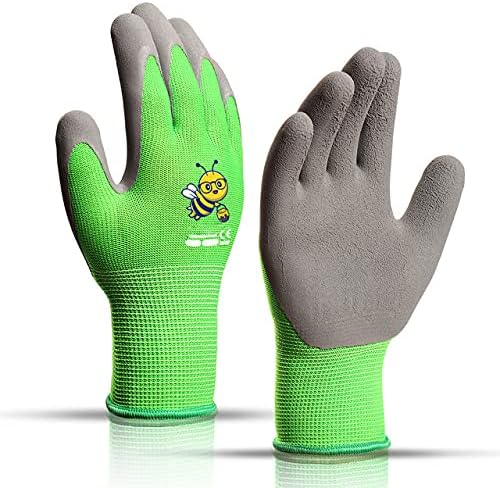 Ages 8-10 Kids Gardening Gloves,Yard Work Gloves for Toddlers, Youth, Girls, Boys, Childrens, Soft Safety Rubber Gloves (XS Age 8-10, 1 Pair Green Bee)