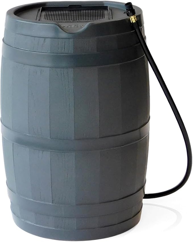 FCMP Outdoor 45 Gallon Heavy Duty Rain Water Catcher Barrel Container with Hose and Debris Screen for Outdoor Plants, Garden, and Landscapes (RC45-GRY) Grey