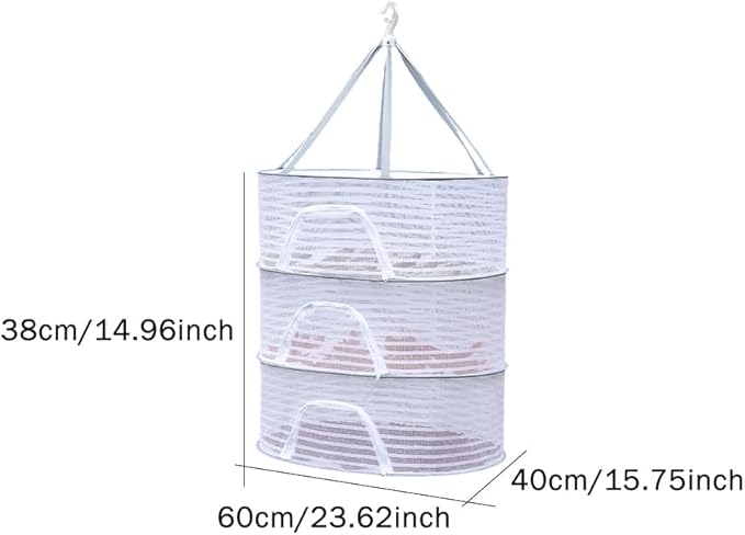 Herb Drying Rack, 3 Layer Foldable Hanging Mesh Net with Zipper, Collapsible Food Drying Fish Hanging Basket Dryer Net for Buds, Fruits, Vegetables, Herbs, Fish, Clothes, Doll(Size:M)