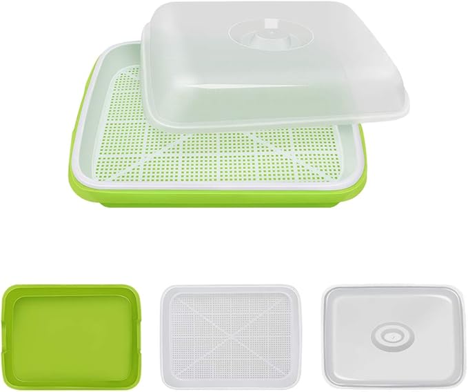 SUNPRO 2-Pack Seed Sprouter Tray with Humidity Lid, BPA Free Food Grade Soil-Free Sprouting Kit, Large Capacity Wheatgrass Grower & Microgreens Germination Station for Beans, Peas, Cat Grass (Green)