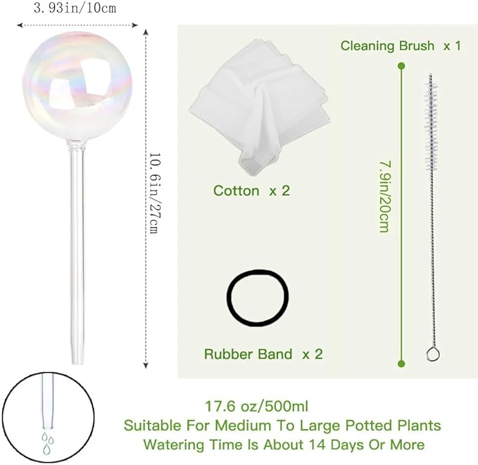 17 Oz 2 Weeks Glass Plant Watering Globes Large for Indoor Outdoor Potted Plants Self Watering Planter Insert Bulbs Water Plants While Away Vacation Devices (Iridescent Large 2-Pack)