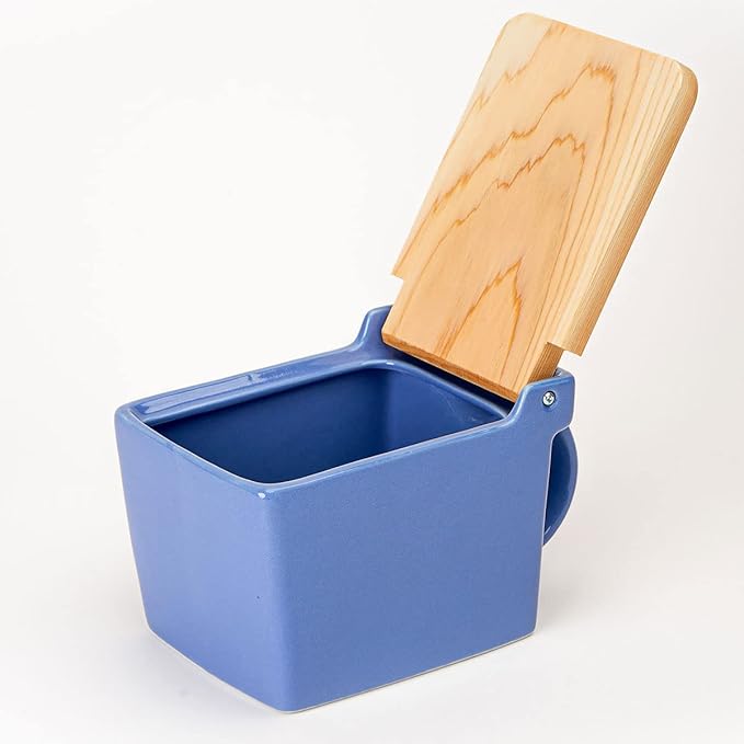 Zero Japan Bee House Premium Salt Box with Hinoki Lid - Container for Sea Salt and Spices - Elegant Cellar for Kitchen Countertop - Blueberry Blue, 16 oz