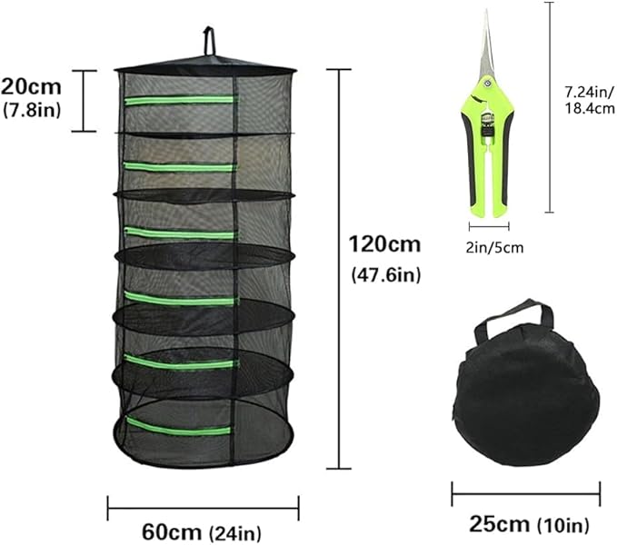6-Layer Herb Drying Rack, 2ft Plant Hanging Mesh Dry Net with Green Zippers and Bonus Hook