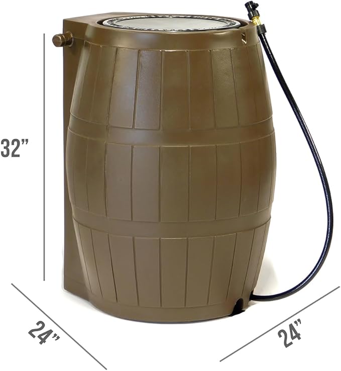 FCMP Outdoor Raincatcher 4000 Rain Barrel, Flat-Back Rainwater Catcher with Spigots, 50 Gallon, Brown - Portable Water Storage Container Tank for Home, Garden, and Backyard
