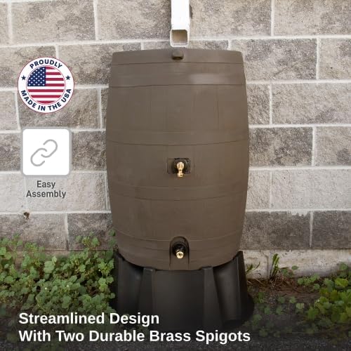 RTS Home Accents 50-Gallon Dual Spigot Rain Barrel, Flat Back Rain Water Collection Barrel, Stand Included, Walnut Color