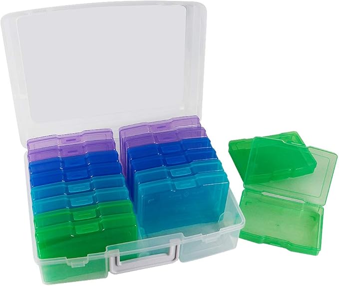 novelinks Transparent 4" x 6" Photo Organizers and Photo Storage Box with Handle, 16 Inner Photo Cases, Portable Picture Organizers & Photo Storage Containers (Cool-Colored)