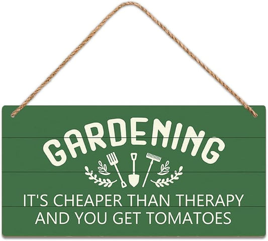 Garden Sign Decor, Gardening It'S Cheaper Than Therapy And You Get Tomatoes, Funny Outdoor Decorative For Garden Backyard Patio Farmhouse, Potting Shed Personalized Wooden Hanging Plaque 5"X 10"