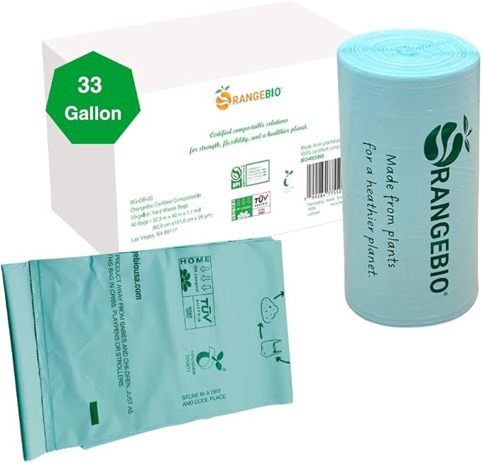 OrangeBio 33 Gallon Compostable Trash Bags, 40 Count, Heavy Duty Yard Waste & Lawn Bags, Plant-Based Garbage Bags, BPI ASTM D6400 & TÜV OK Compost Home Certified