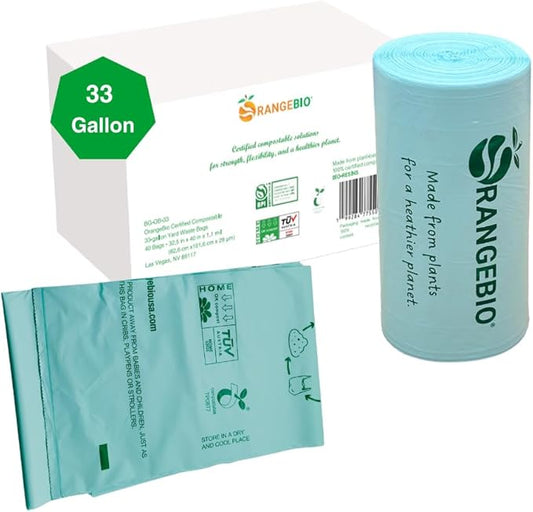 OrangeBio 33 Gallon Compostable Trash Bags, 40 Count, Heavy Duty Yard Waste & Lawn Bags, Plant-Based Garbage Bags, BPI ASTM D6400 & TÜV OK Compost Home Certified