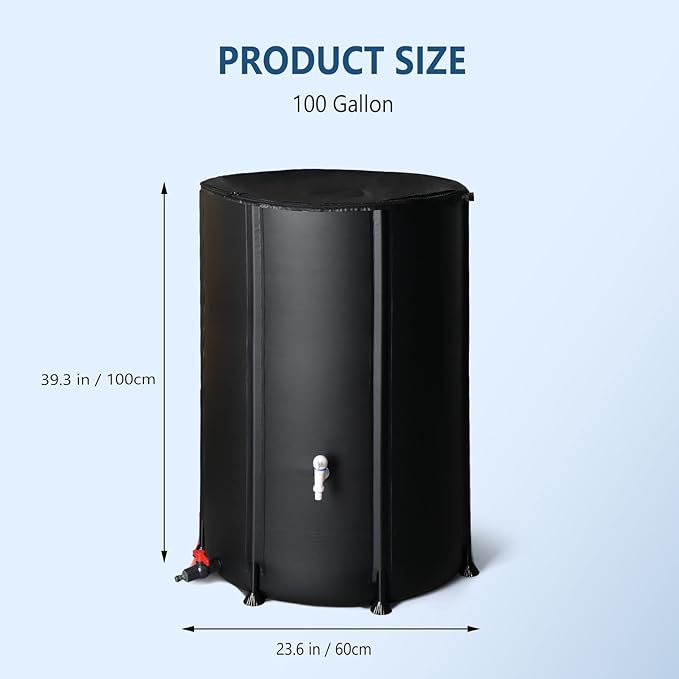 VINGLI Upgraded 100 Gallon Collapsible Rain Barrel, Portable Water Storage Collection System, Weather Proof Sturdy Tank Catcher Container with Filter Spigot Overflow Kit Black