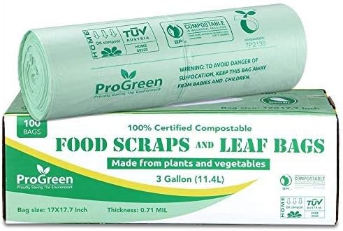 ProGreen Compostable Trash Bags 3 Gallon, Extra Thick 0.71 Mil, 100 Count, Small Kitchen Compost Bin Bags, Food Scraps Yard Waste Bags, Compost ASTM D6400 BPI and TÜV AUSTRIA Certified