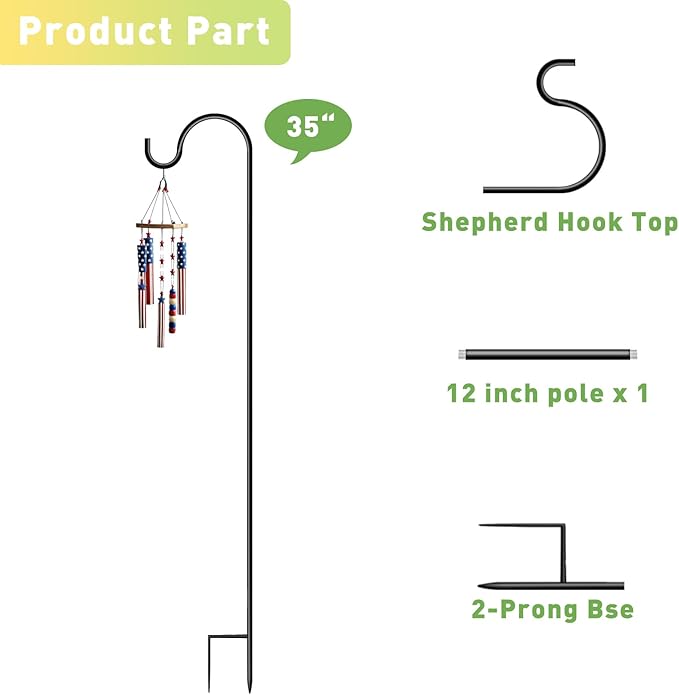 Shepherds Hooks for Outdoor 35Inch Garden Bird Feeder Pole with 2 Prongs Base for Hanging Flower Basket Plant Pot Solar Lantern Light Wind Chime Hanger for Wedding Decor 12 Pack
