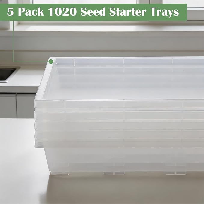 1020 Nursery Pot Trays 5 Pack, Transparent Plastic Flat Seed Starter Tray, Durable Square Seedling Starting Tray for Holding and Carrying Plant Pots (Clear)