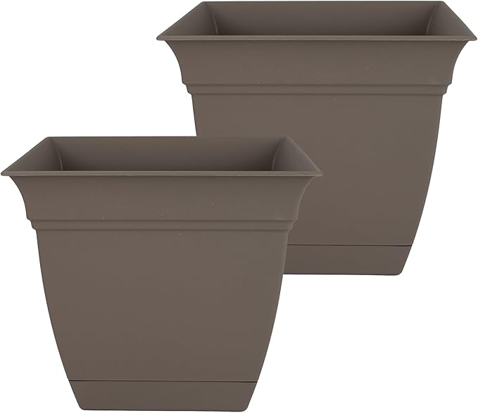 The HC Companies 12 Inch Eclipse Square Planter Pots with Drainage Holes & Attached Saucer, Lightweight UV-Resistant Plastic Indoor Outdoor Planters, 2-Pack Flower Pots, Garden Home Decor, Cappuccino