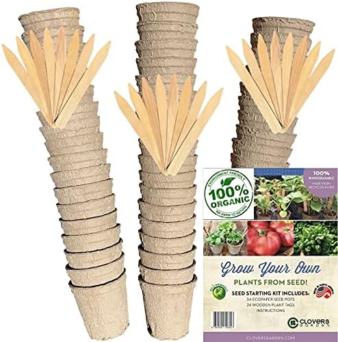 Clovers Garden Organic Recycled Paper Seed Starter Pots - 100% Biodegradable Peat-Free Pots for Seedlings - Qty 60 (3.5" Round) with 24 Markers