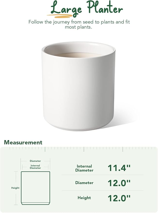 LE TAUCI 12 Inch Pot for Plants, Ceramic Planters for Indoor Plants, Mid-Century Modern Cylinder Flower Pots with Drainage Hole, Fits Fiddle Leaf Fig & Monstera, Home Decor, White