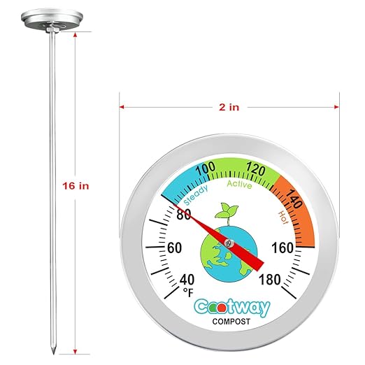 Compost Thermometer - 16 Inch Stem, Waterproof Soil Temperature Gauge for Composting, Stainless Steel, with Temperature Guide(40-180 ℉)
