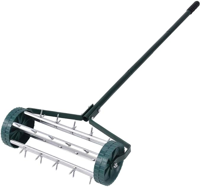 Goplus Rolling Lawn Aerator, 18-Inch Garden Yard Rotary Push Tine Heavy Duty Spike Soil Aeration, Manual Lawn Aeration Tool w/ 41-Inch Handle (Silver)