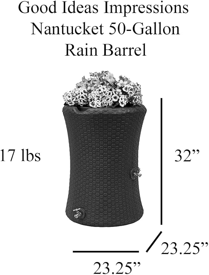 Good Ideas Impressions 50 Gallon Nantucket Outdoor Home Rain Barrel Water Storage Collector with Garden Planter and Brass Spigot, Dark Brown