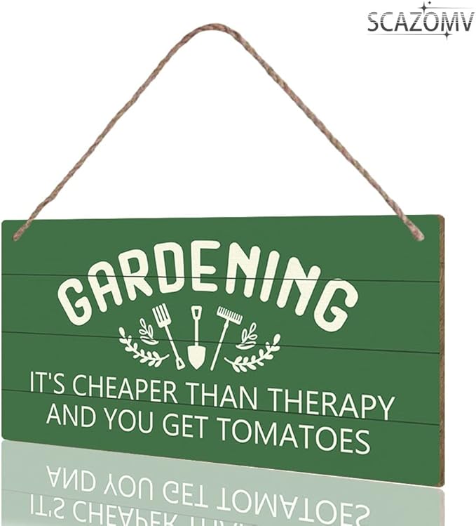 Garden Sign Decor, Gardening It'S Cheaper Than Therapy And You Get Tomatoes, Funny Outdoor Decorative For Garden Backyard Patio Farmhouse, Potting Shed Personalized Wooden Hanging Plaque 5"X 10"