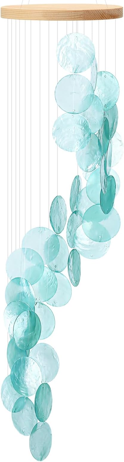 Wenqik Sea Glass Shell Wind Chimes for Outside Seaglass Capiz Windchime Spiral Wind Chimes for Women Beach Holiday Summer Gift Indoor Outdoor Home Housewarming Garden Decor(Blue)
