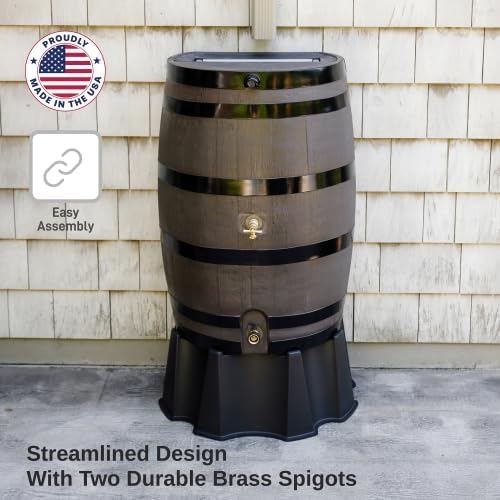 RTS Home Accents 50-Gallon Dual Spigot Rain Barrel, Flat Back Rain Water Collection Barrel, Stand Included, Woodgrain with Black Stripes