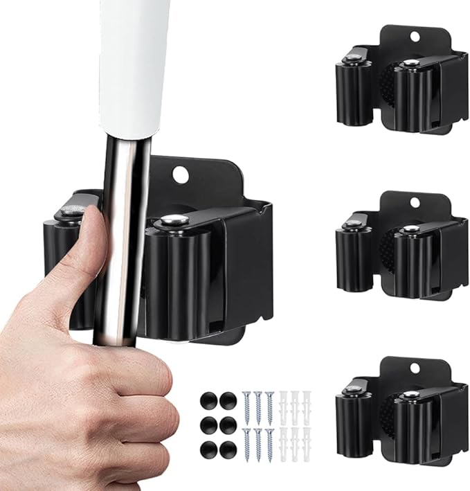3PCS Broom and Mop Holder, Heavy Duty Garden Tool Organizer Rack Rake and Shovel Handle, Stainless Steel Mop Hanger. Wall Mounted Utility Rack with Screws, Matte Black