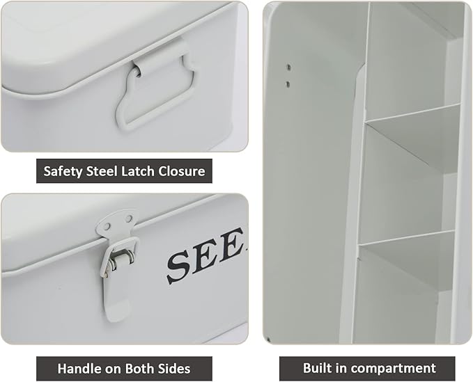 Seed Storage Box Metal Seed Container Seed Packet Storage Organizer, Seed Storage Container with Lid Seed Envelope Storage Box-4 Compartments Garden Seed Box with Safety Locks-White
